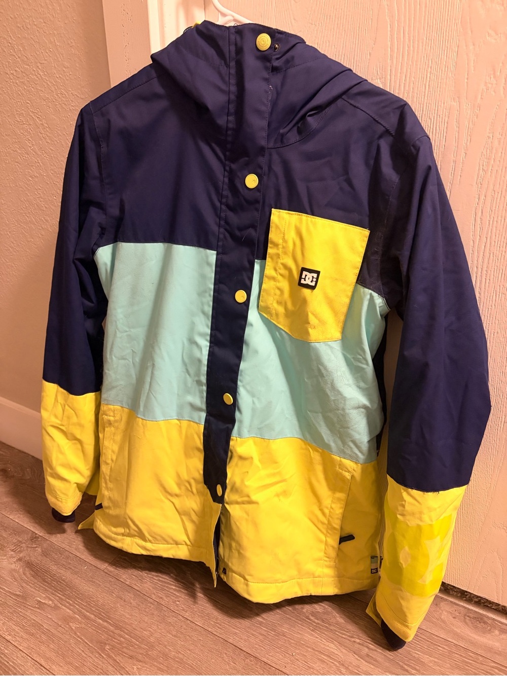 DC Colorblock Hooded Ski Jacket - Navy, Light Blue & Yellow